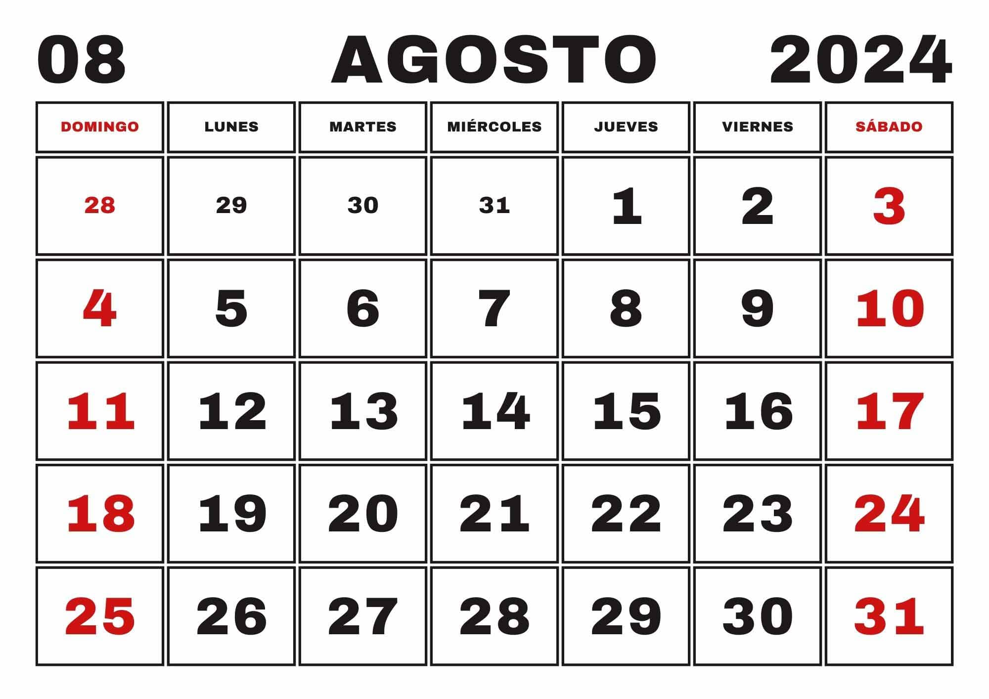 Calendario Agosto 2024, Obtenga el Calendario Agosto 2024 Imprimible