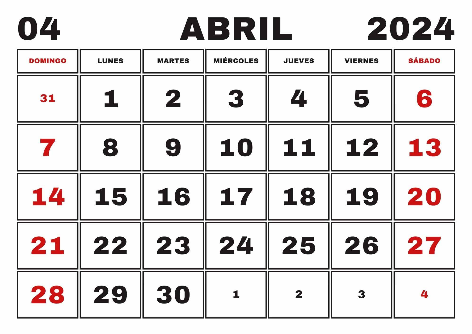 Calendario Abril 2024, Obtenga el Calendario Imprimible de Abril de 2024