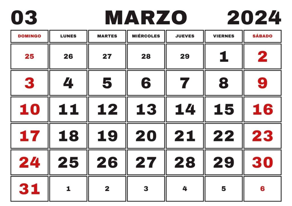 Calendario Marzo de 2024