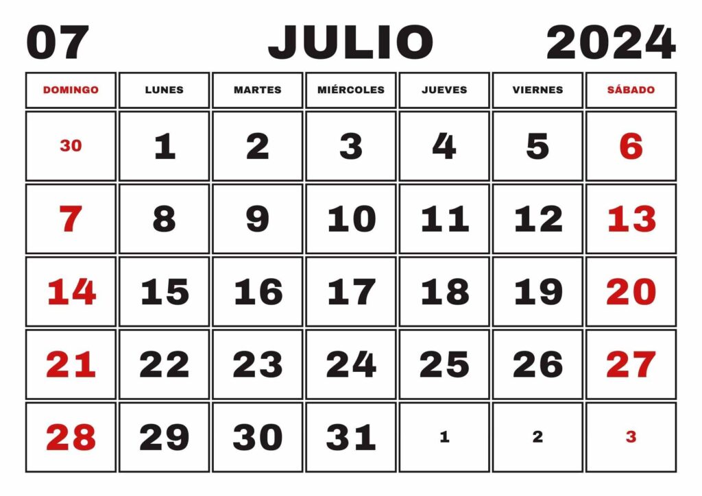 Calendario Julio 2024, Obtenga un Calendario Imprimible de Julio de 2024
