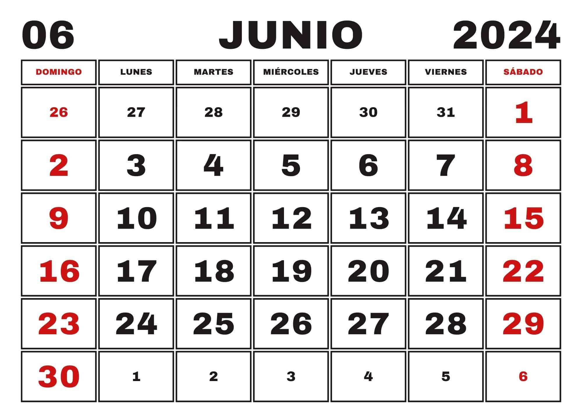 Calendario Junio 2024, Obtenga aquí el Calendario Junio 2024 para Imprimir