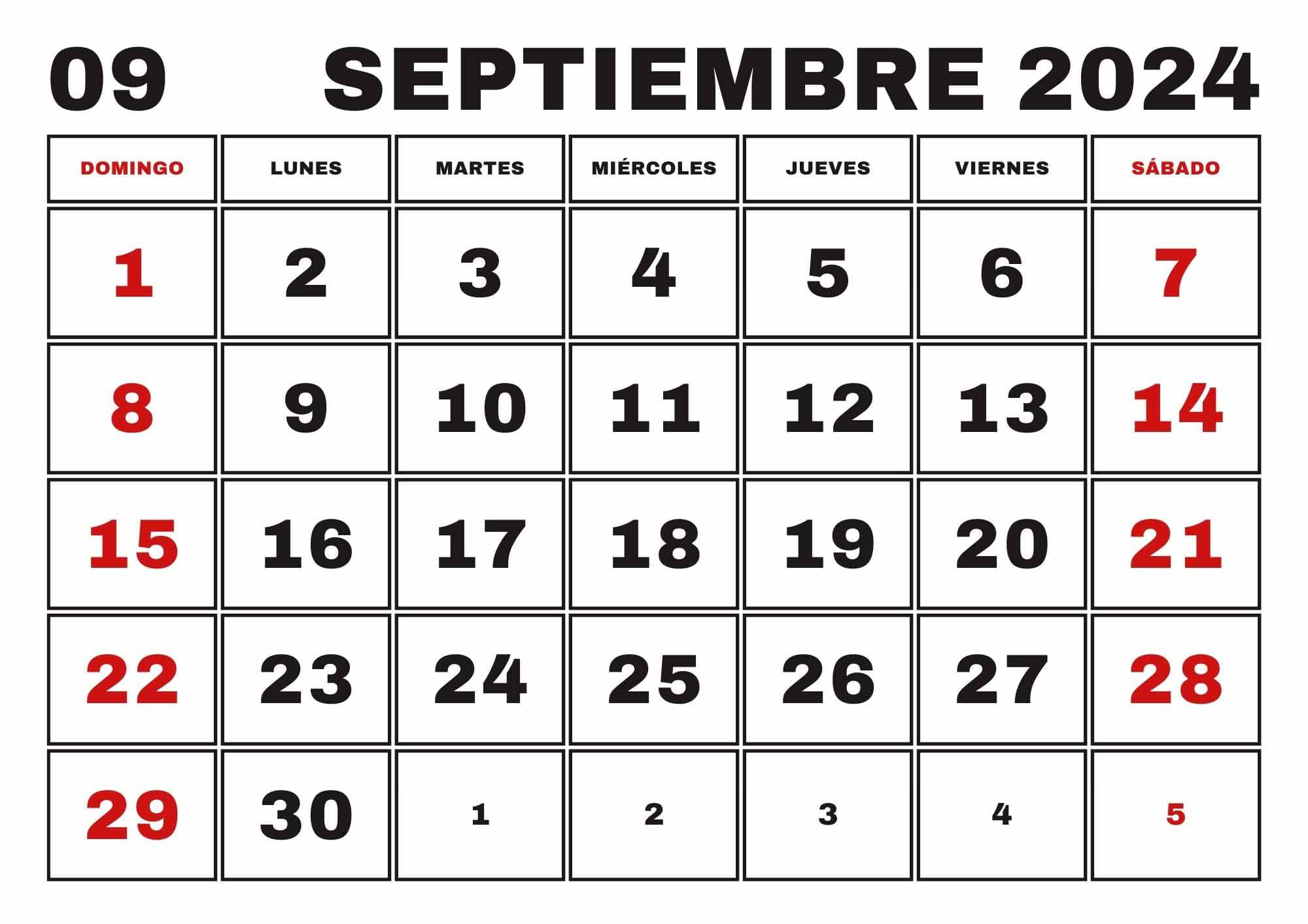 Calendario Septiembre 2024, Obtenga aquí el Calendario Septiembre 2024 Imprimible de Alta Calidad