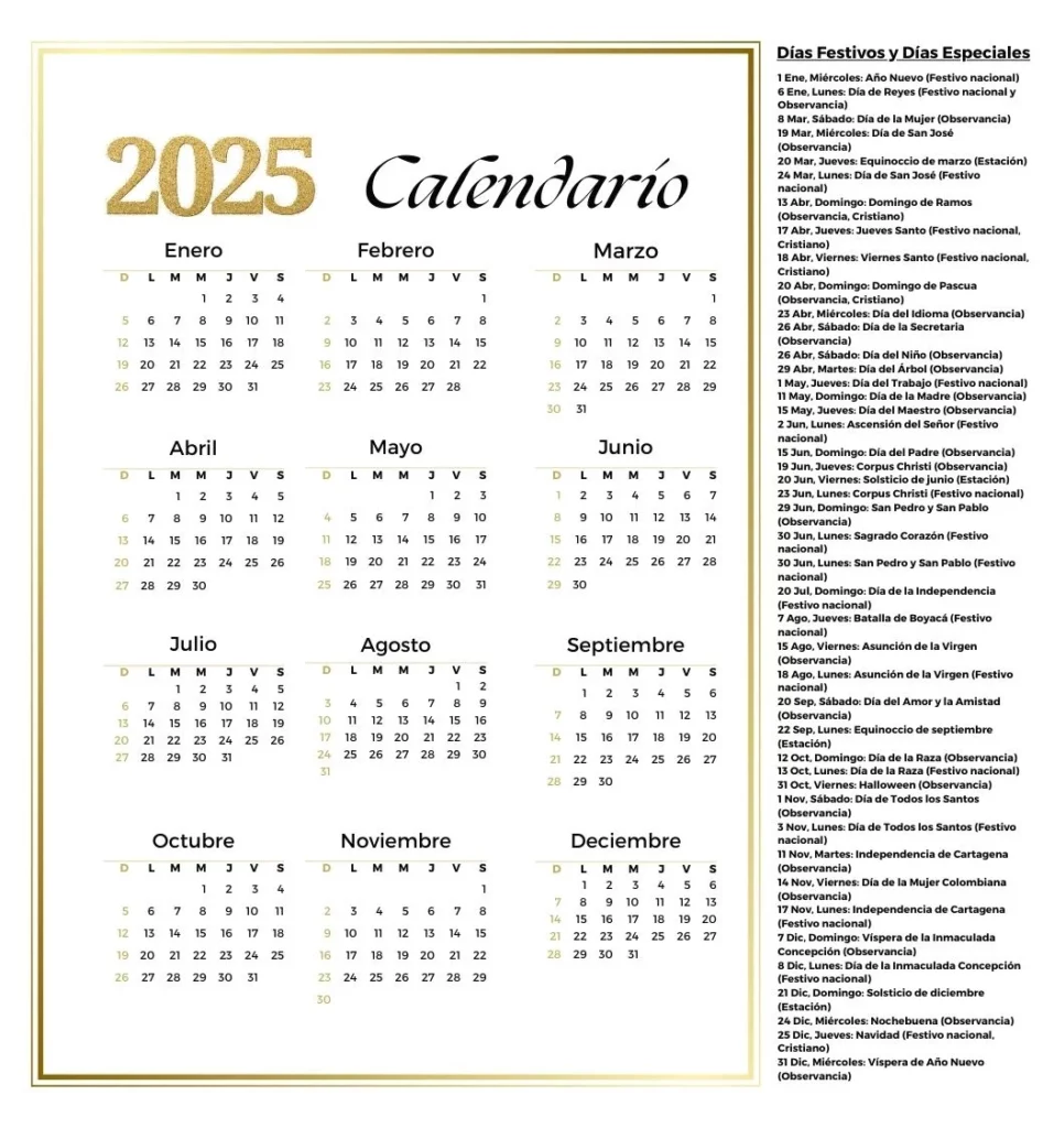 Calendario Colombia 2025, Obtenga Calendario Colombiano 2025 para Imprimir con Feriados y Días