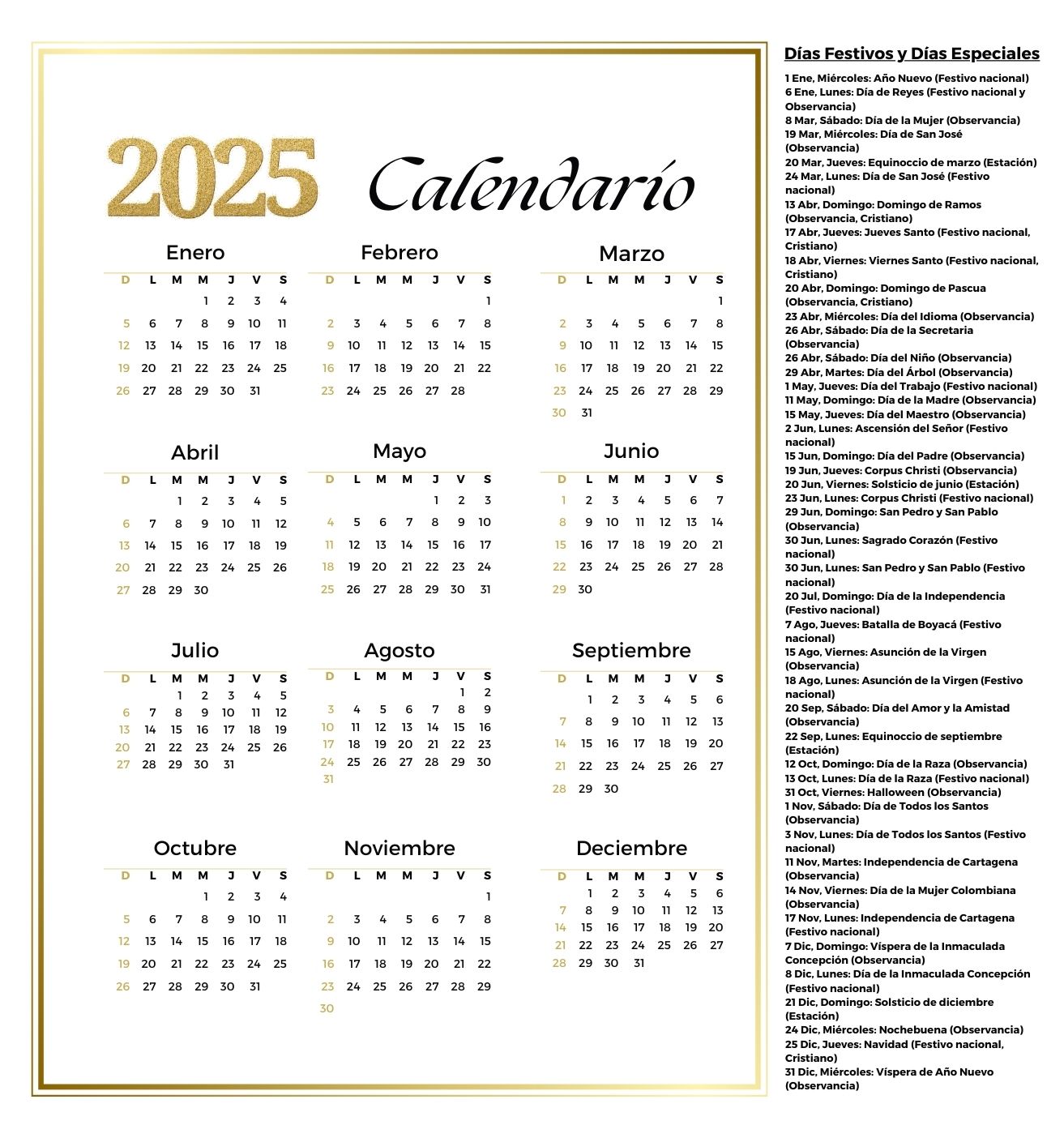 Calendario Colombia 2025, Obtenga Calendario Colombiano 2025 para