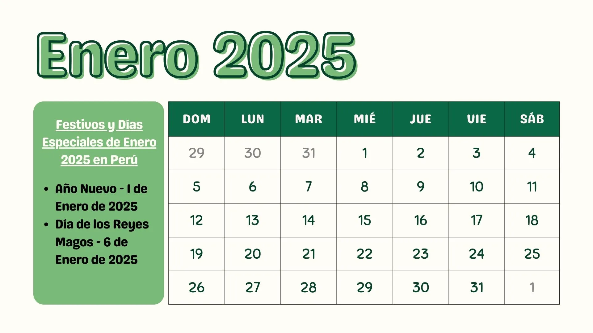 Calendario Enero 2025 Perú, Calendario Perú Enero 2025 para imprimir